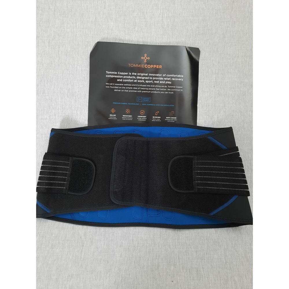 Tommie Copper Men S/M Black/Blue Padded Stretch Comfort Adjustable Back Brace